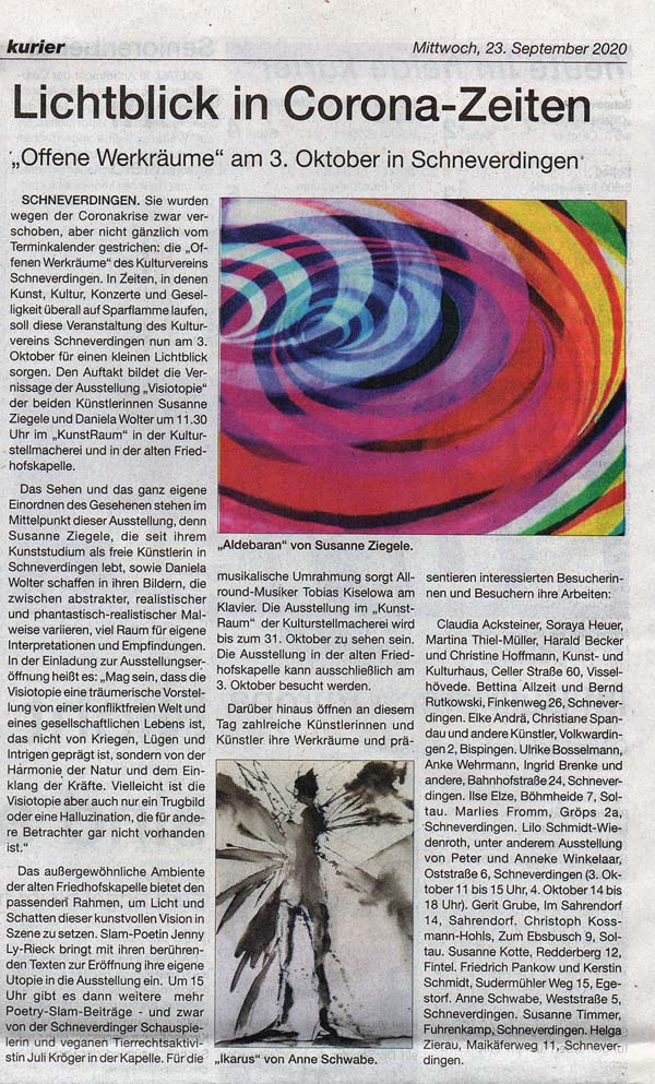 Ank&uuml;ndigung im HEIDEKURIER vom 23. September 2020